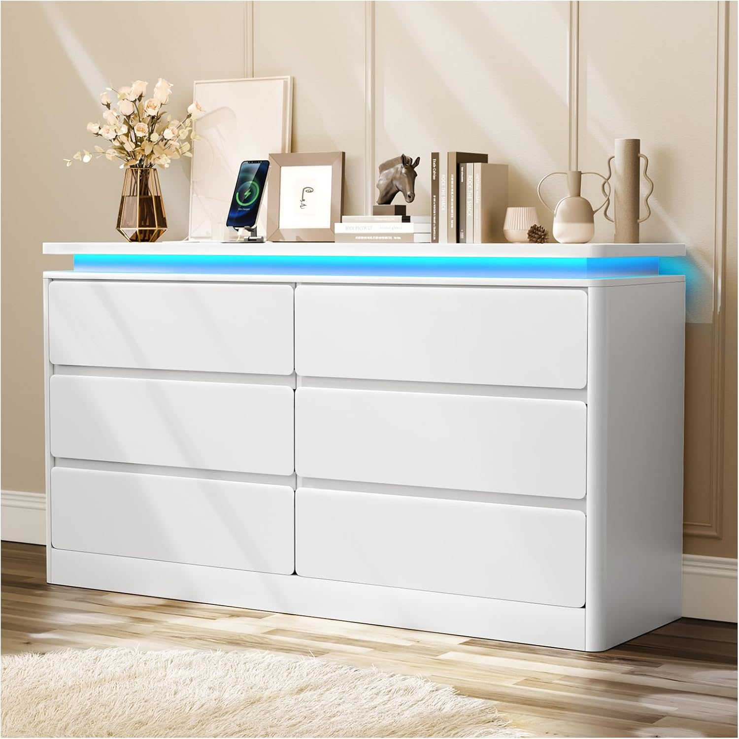 Upgraded 6 Drawer White Dresser for Bedroom, 47.2" Long Chest of Drawers with Charging Station & LED Lights, Wooden Storage Cabinet Dresser for Closet,Modern TV Stand with Deep Drawers