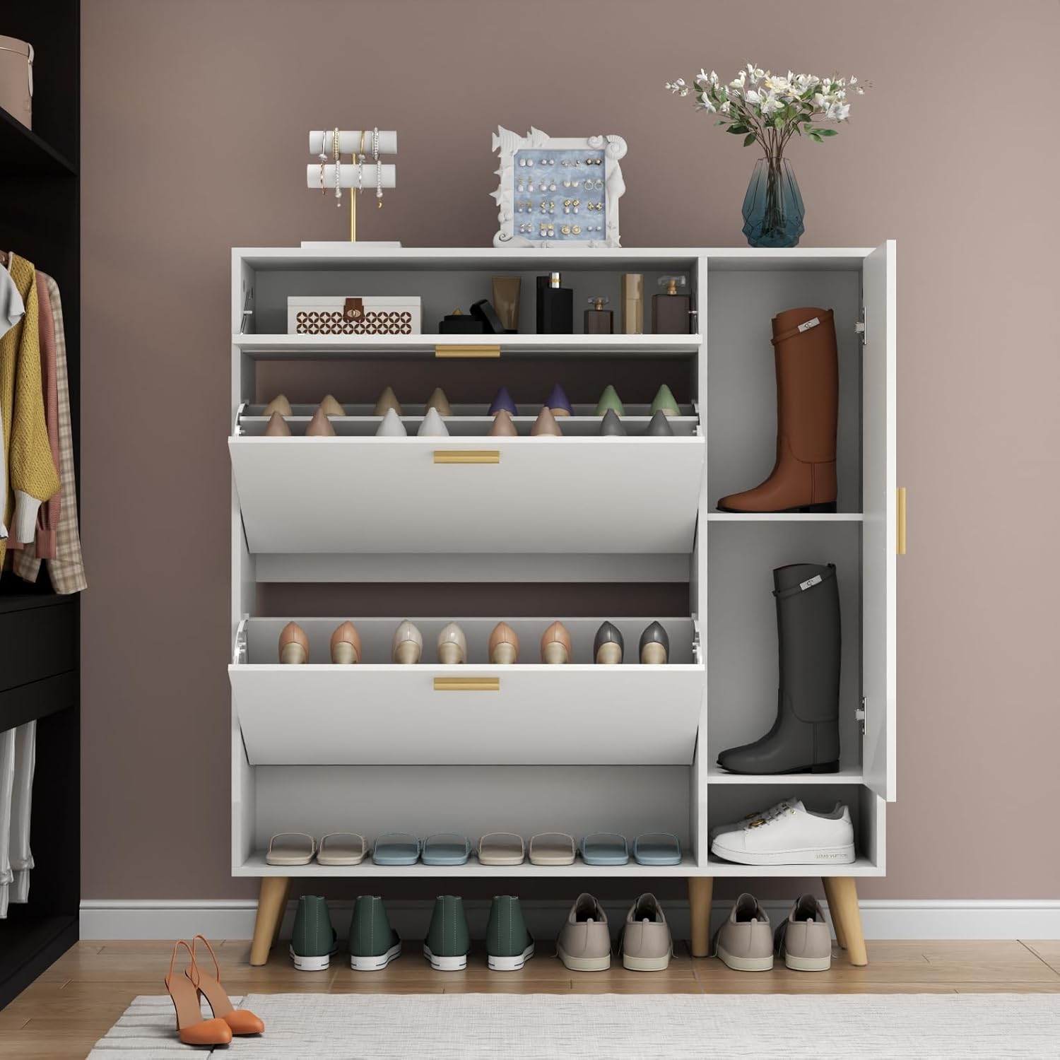 Loomie Narrow Shoe Cabinet with Flip Drawers & Side Cabinet, Hidden Storage with Adjustable Shelf, Slim for Entryway (White)