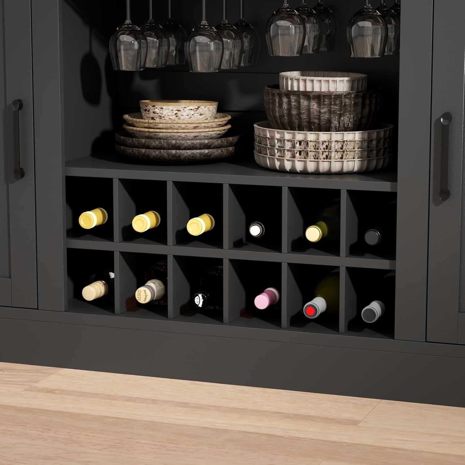 Loomie Bar Table Cabinet with LED & 3 Drawers,Liquor Bar with Adjustable Storage Shelves & Stemware Holders, Crescent Shaped Counter for Home Pub, Wine Alcohol Bar Stand with Door & Wine Rack (Black)