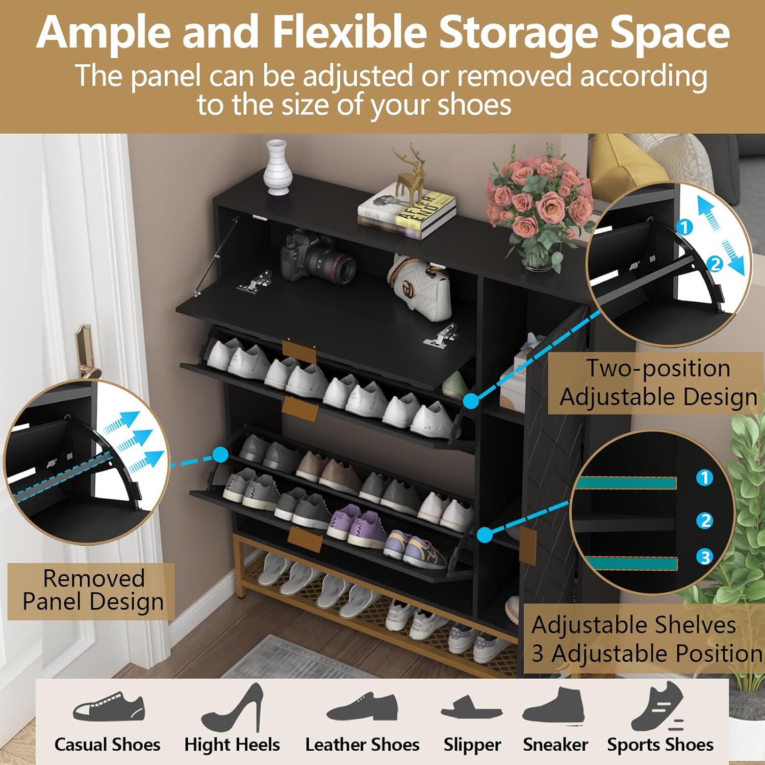 Loomie Shoe Cabinet,Freestanding Tipping Bucket Shoe Rack Organizer with 2 Flip Drawers,Entryway Narrow Shoe Storage with Adjustable Storage Shelf &Top Cubby,Modern Slim Hidden Shoe Cabinet, Black