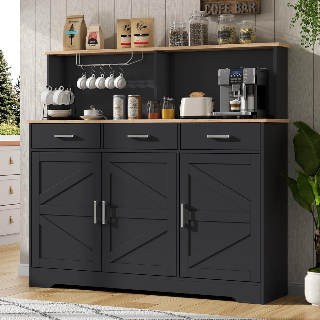 Grey Buffet Sideboard Storage Cabinet - 47" Large Double-Layer Kitchen Pantry Cabinet with 3 Drawers & 3 Doors, Modern Liquor Coffee Bar Buffet Table with Hutch for Dining Living Room
