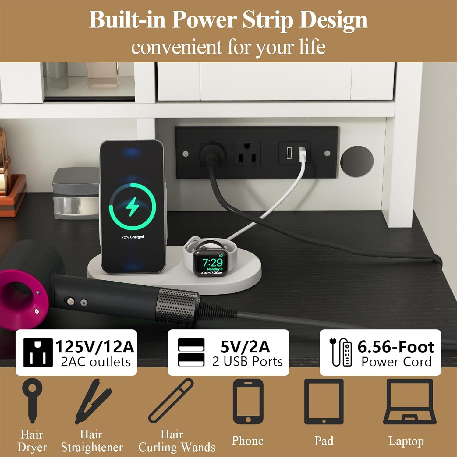 Loomie Farmhouse Vanity Desk with Sliding Mirror & Lights, Makeup Vanity Table with Power Outlet, 2 Drawers, 2 Cabinets & 2 Cubbies, Dressing Table with 3 Color Lighting Modes for Bedroom (White)