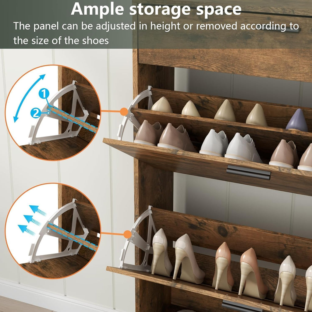 Loomie Shoe Storage With 2 Flip Drawers & Side Cabinet, Narrow Hidden Storage With Doors, Adjustable Shelf, Slim for Entryway (Rustic)