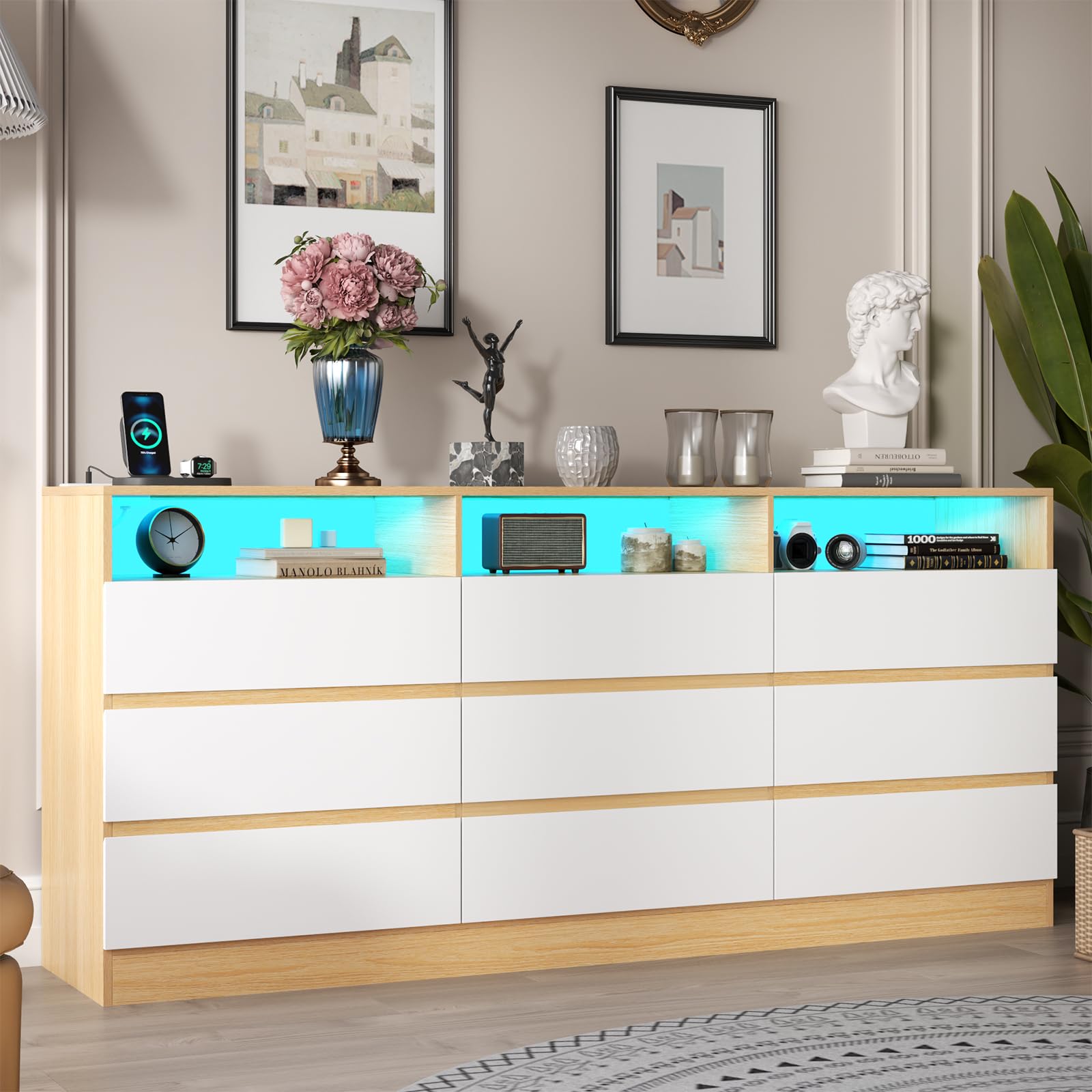 Loomie 9 Drawer Dresser with Power Outlet, Modern Chest of Drawers with LED Light, Long Wide Drawer Dresser Organizer Cabinet with 3 Open Cubbies for Bedroom, Living Room,Entryway (White)