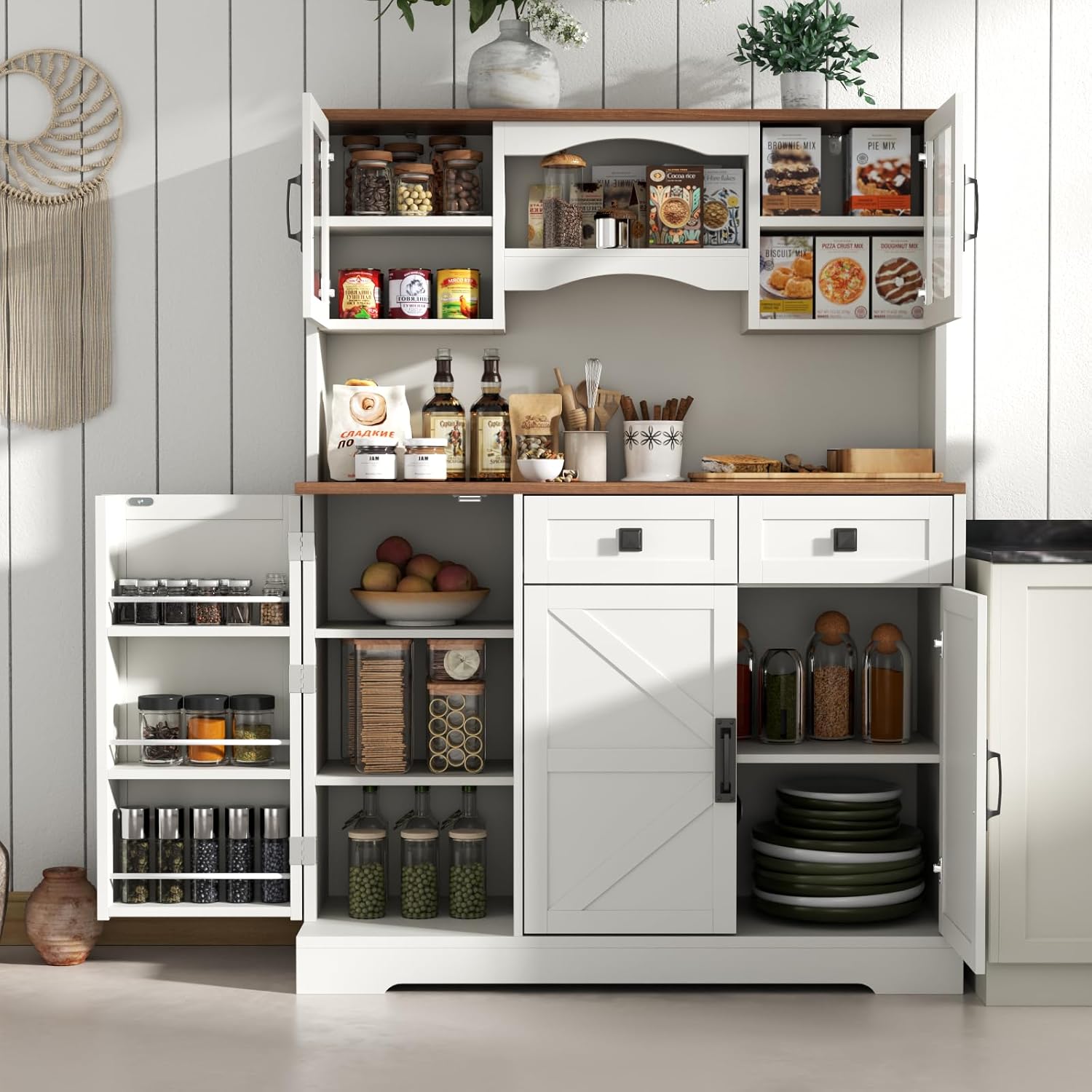 Loomie 59" Farmhouse Buffet Cabinets with Storage,Buffet Sideboard Cabinet with Drawers and Glass Door,Freestanding Coffee Bar with Adjustable Shelves for Dining Room,Kitchen,(White)