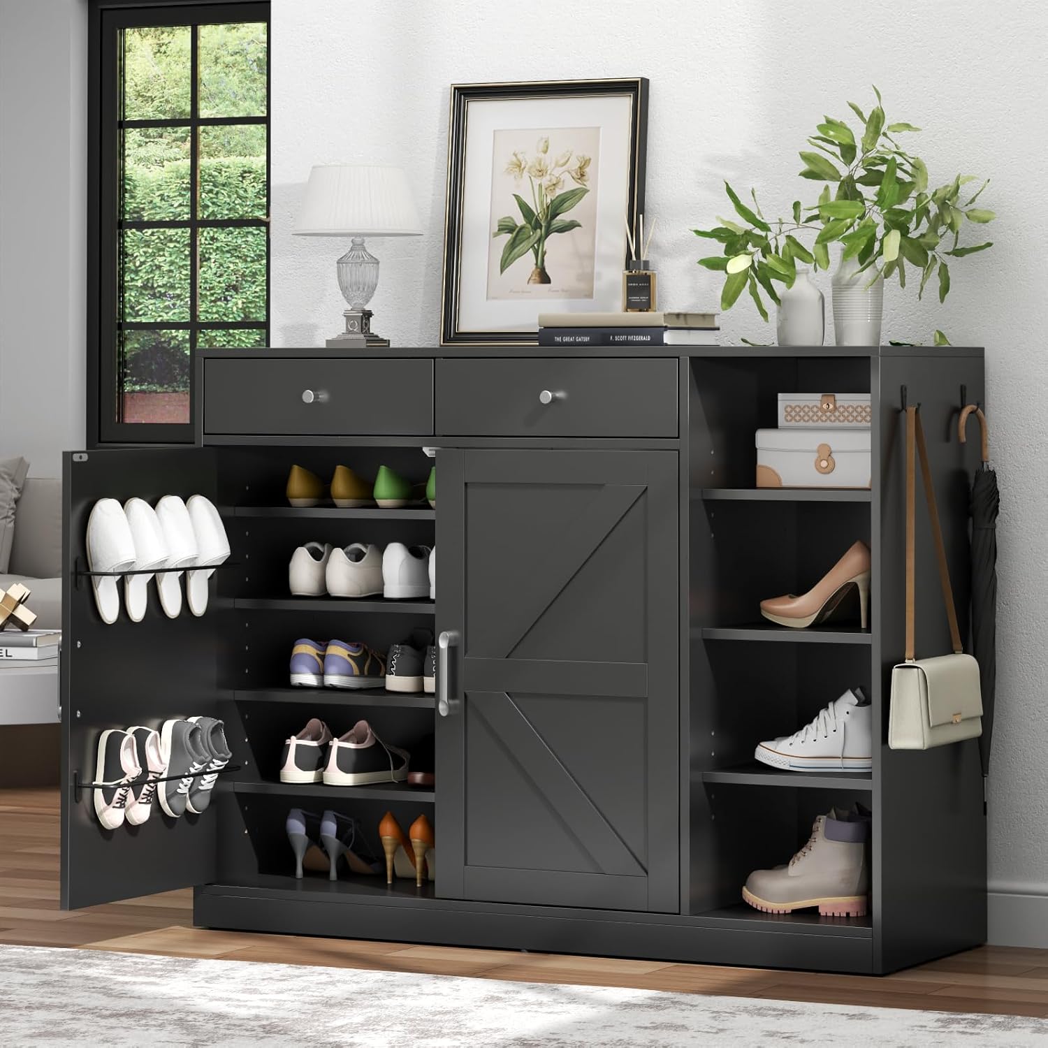 Loomie 5-Tier Shoe Cabinet with 4 Side Cubbies, Farmhouse Shoe Rack Cabinet with 6 Adjustable Shelves & 2 Drawers, Freestanding Shoe Storage Cabinet with 4 Brackets & 2 Hooks for Entryway (Black)