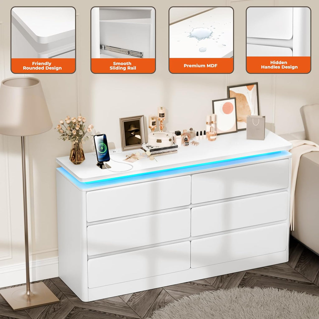 Upgraded 6 Drawer White Dresser for Bedroom, 47.2" Long Chest of Drawers with Charging Station & LED Lights, Wooden Storage Cabinet Dresser for Closet,Modern TV Stand with Deep Drawers