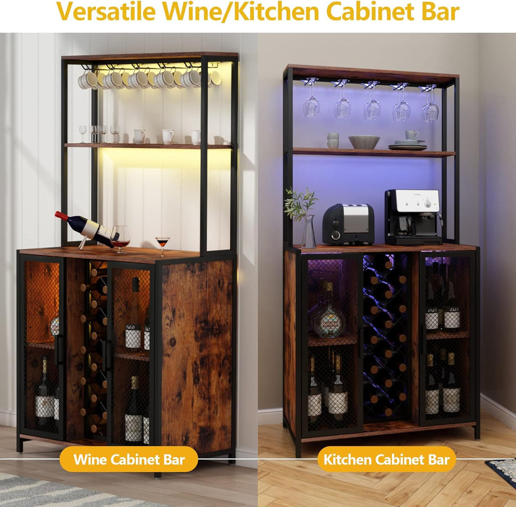 Loomie Wine Bar Cabinet with LED Lights, 5-Tier Industrial Coffee Bar, Buffet Sideboard with Adjustable Shelves, Kitchen Bar Table with Wine Rack Storage and Glass Slots for Liquor and Glasses,Rustic