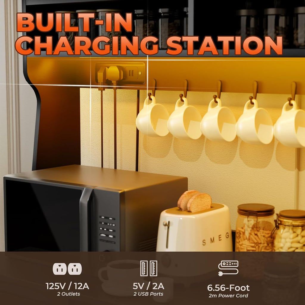 Loomie Farmhouse Sideboard Buffet Cabinet with Storage, 59" Kitchen Storage Cabinet with Power Outlet & LED Light, Coffee Bar w/Microwave Stand & Doors & Drawers & Hooks & Adjusted Shelves (Black)