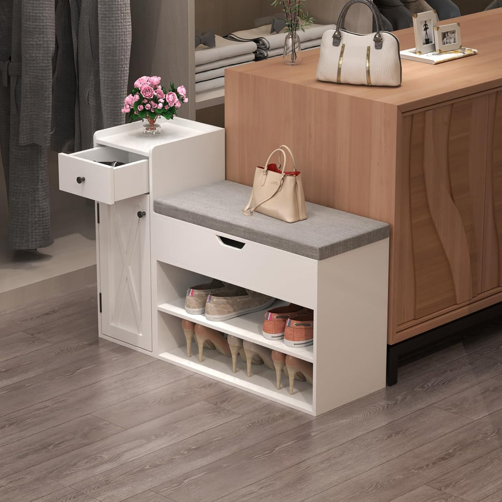 Loomie Shoe Storage Bench, 2-Tier Farmhouse Entryway Bench with Lift Top Storage Box, Drawer & Soft Removable Seat Cushion, Silm Shoe Rack with Shoe Cabinet for Entryway, Hallway, Bedroom, White