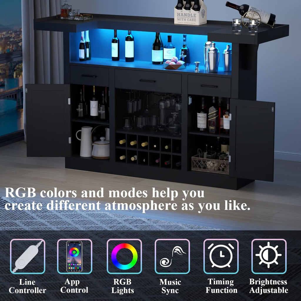 Loomie Bar Table Cabinet with LED & 3 Drawers,Liquor Bar with Adjustable Storage Shelves & Stemware Holders, Crescent Shaped Counter for Home Pub, Wine Alcohol Bar Stand with Door & Wine Rack (Black)