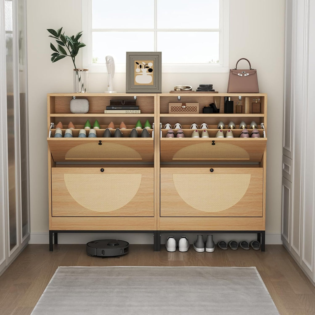 Loomie Rattan Shoe Cabinet, Free Standing Tipping Bucket Shoe Rack Organizer with 2 Flip Drawers,Modern Entryway Narrow Shoe Storage with Top Cubby, Boho Slim Hidden Cabinet with Doors (Natural)