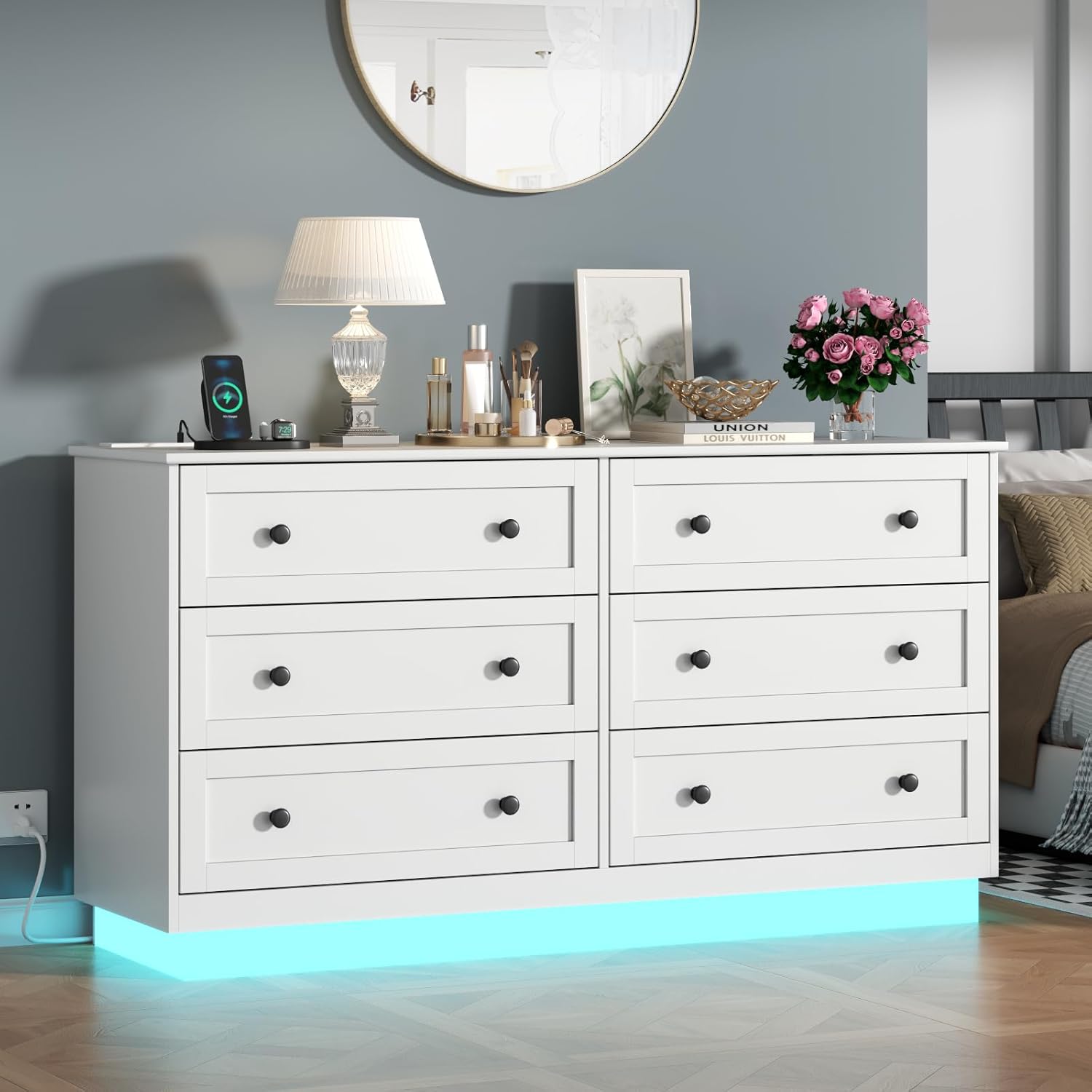 Loomie 6 Drawer Dresser, Modern Drawer Chests with Power Outlet and Led Light, Wide Chest of Drawers for Storage and Organization, White Dresser for Bedroom, Living Room, Closets, Entryway