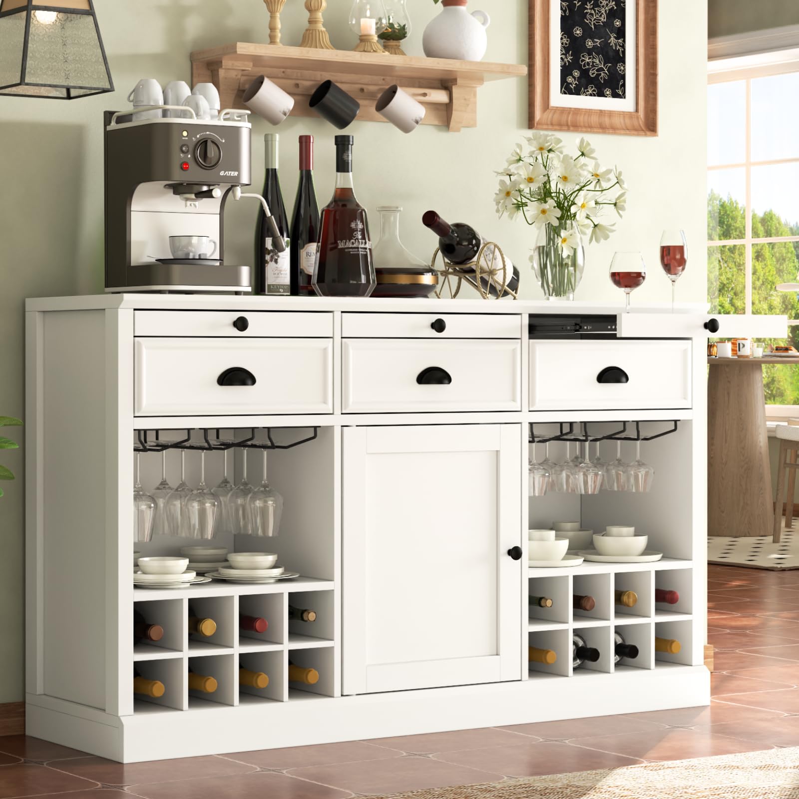 Loomie Wine Bar Cabinet with Pull-Out Trays & Drawers, Liquor Cabinet with Wine Rack & Stemware Holder, Coffee Bar Cabinet with Door & Adjustable Shelf, Kitchen Buffet Cabinet for Home Pub (Black)