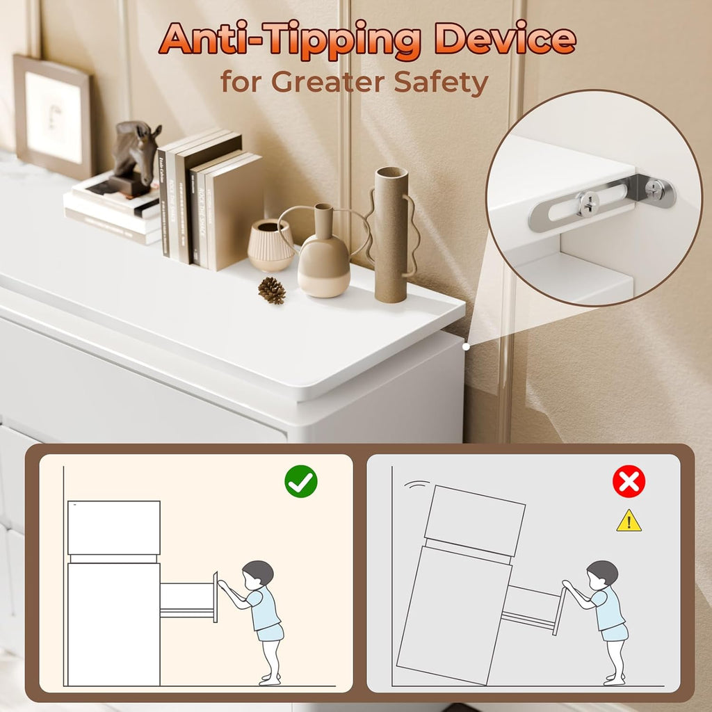 Upgraded 6 Drawer White Dresser for Bedroom, 47.2" Long Chest of Drawers with Charging Station & LED Lights, Wooden Storage Cabinet Dresser for Closet,Modern TV Stand with Deep Drawers