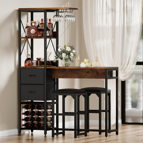 6-Tier Bar Table and Chairs Set, Metal Coffee Bar with Storage Shelves and 2 Fabric Drawers, Dining Table Cup Holder & Wine Rack, Kitchen Table Set with PU Leather Cushion Stools for Small Space