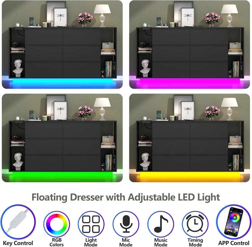 Loomie 6 Drawer Dresser for Bedroom, Modern Chest of Drawers with Power Outlet & LED Light, Double Wide Drawer Dresser Organizer Cabinet with Side Storage Shelves for Living Room (Black)