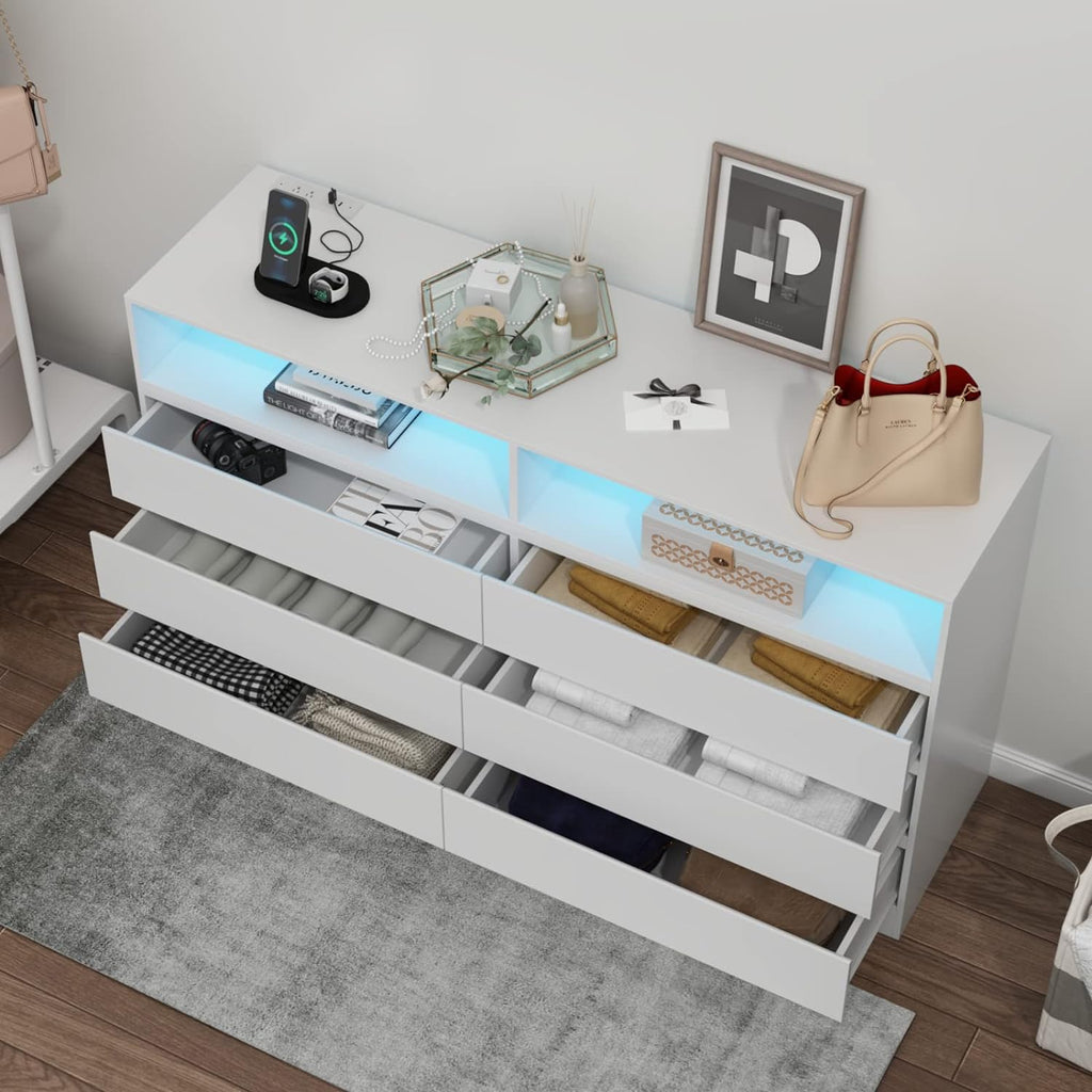 Loomie Drawers Dresser, White Drawer Dresser with Power Outlet, Accent Chests of Drawers with LED Light, Modern Storage Dresser for Bedroom, Living Room (White)