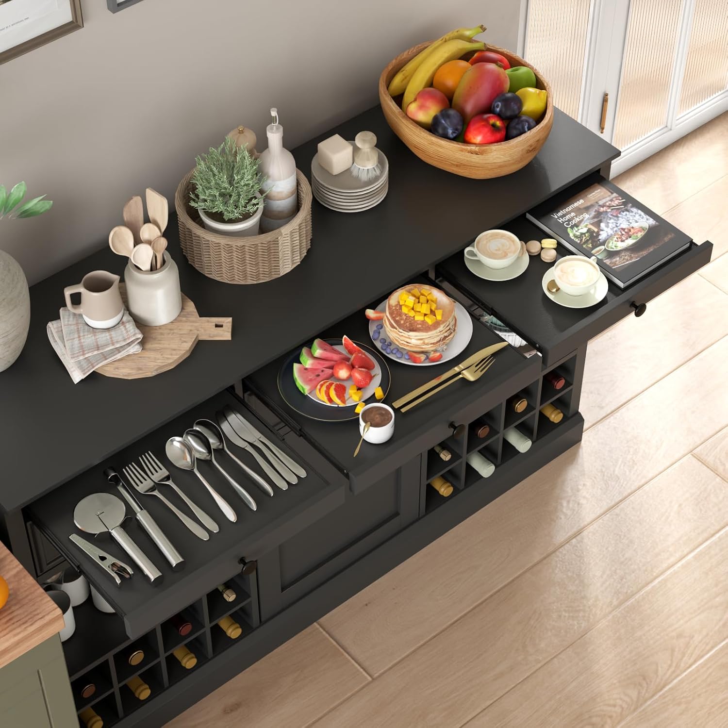 Loomie Wine Bar Cabinet with Pull-Out Trays & Drawers, Liquor Cabinet with Wine Rack & Stemware Holder, Coffee Bar Cabinet with Door & Adjustable Shelf, Kitchen Buffet Cabinet for Home Pub (Black)