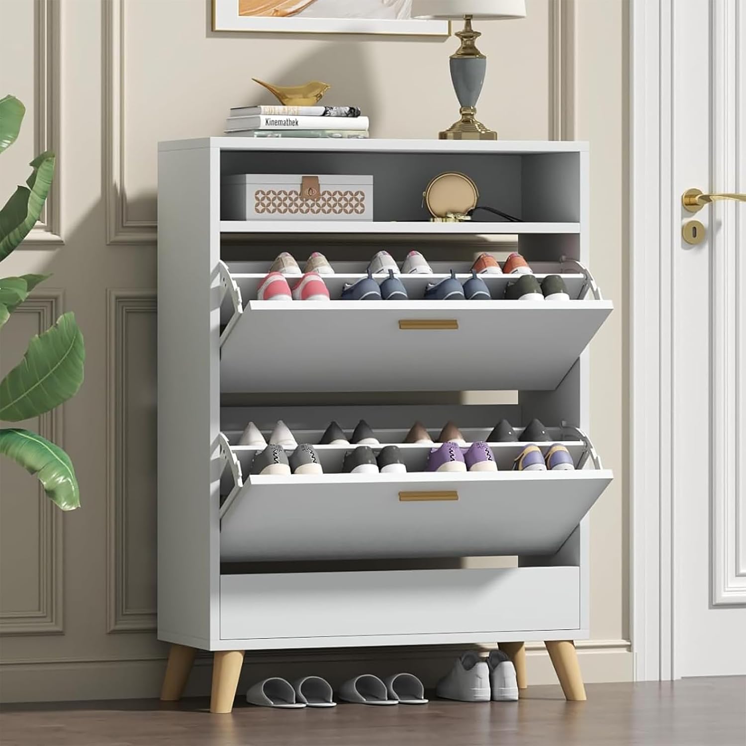 Loomie Shoe Storage Cabinet for Entryway, Free Standing Shoe Organizer with 2 Flip Drawers, Slim Narrow Hidden Shoe Rack Cabinet with Open Shelf, Shoe Cabinet for Hallway, Living Room (Off White)