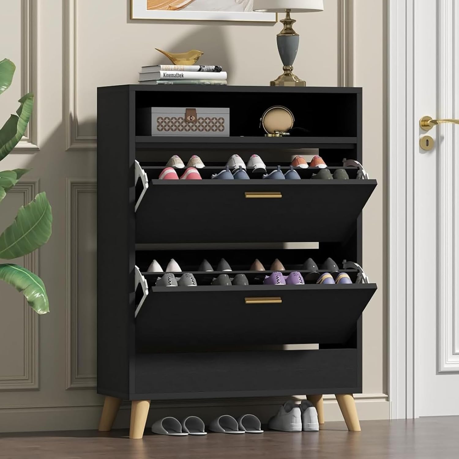 Loomie Shoe Storage Cabinet for Entryway, Free Standing Shoe Organizer with 2 Flip Drawers, Slim Narrow Hidden Shoe Rack Cabinet with Open Shelf, Shoe Cabinet for Hallway, Living Room (Black)