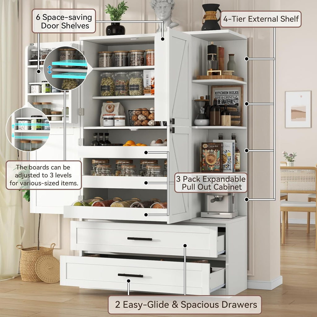 Loomie 66.9" Farmhouse Kitchen Pantry Cabinet, 5 Drawers Storage Cabinet with 4 Side Shelves & 6 Door Shelves, Freestanding Hutch with Doors, Buffet Sideboard, Cupboard for Dining Room, White (White)