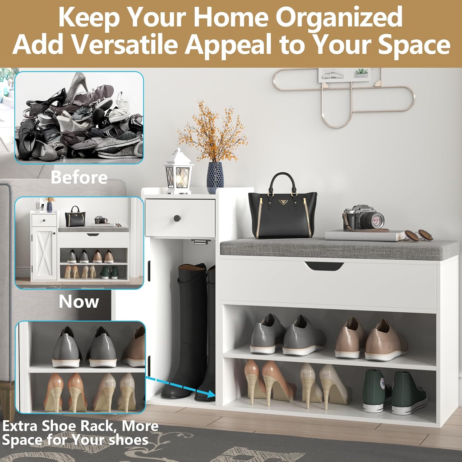 Loomie Shoe Storage Bench, 2-Tier Farmhouse Entryway Bench with Lift Top Storage Box, Drawer & Soft Removable Seat Cushion, Silm Shoe Rack with Shoe Cabinet for Entryway, Hallway, Bedroom, White