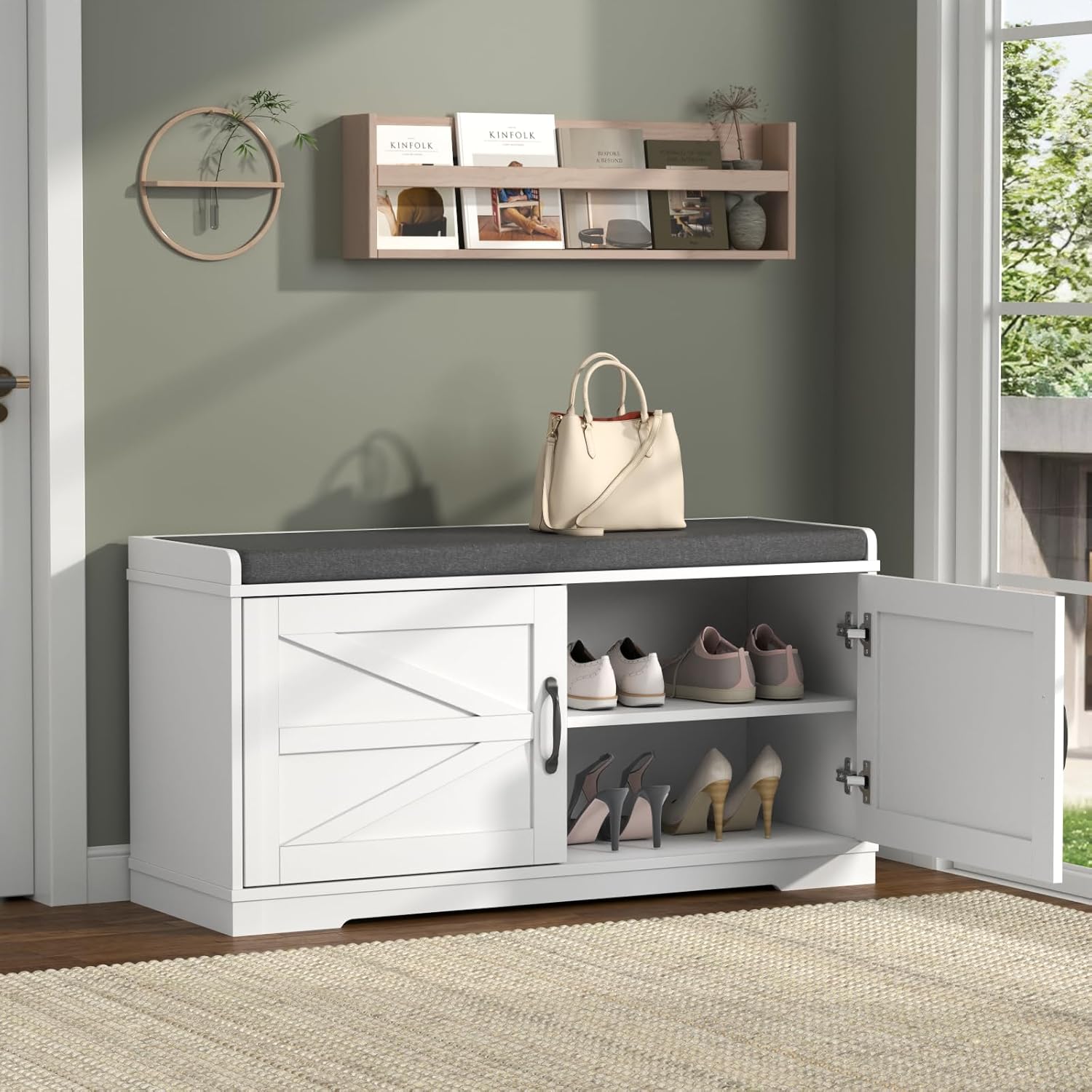 Loomie Shoe Storage Bench, 2-Tier Farmhouse Entryway Bench with Padded Seat Cushion, 13.78" D x 39.37" W x 19.69" H, Slim Shoe Cabinet Bench for Entryway, Living Room, Bedroom (White)