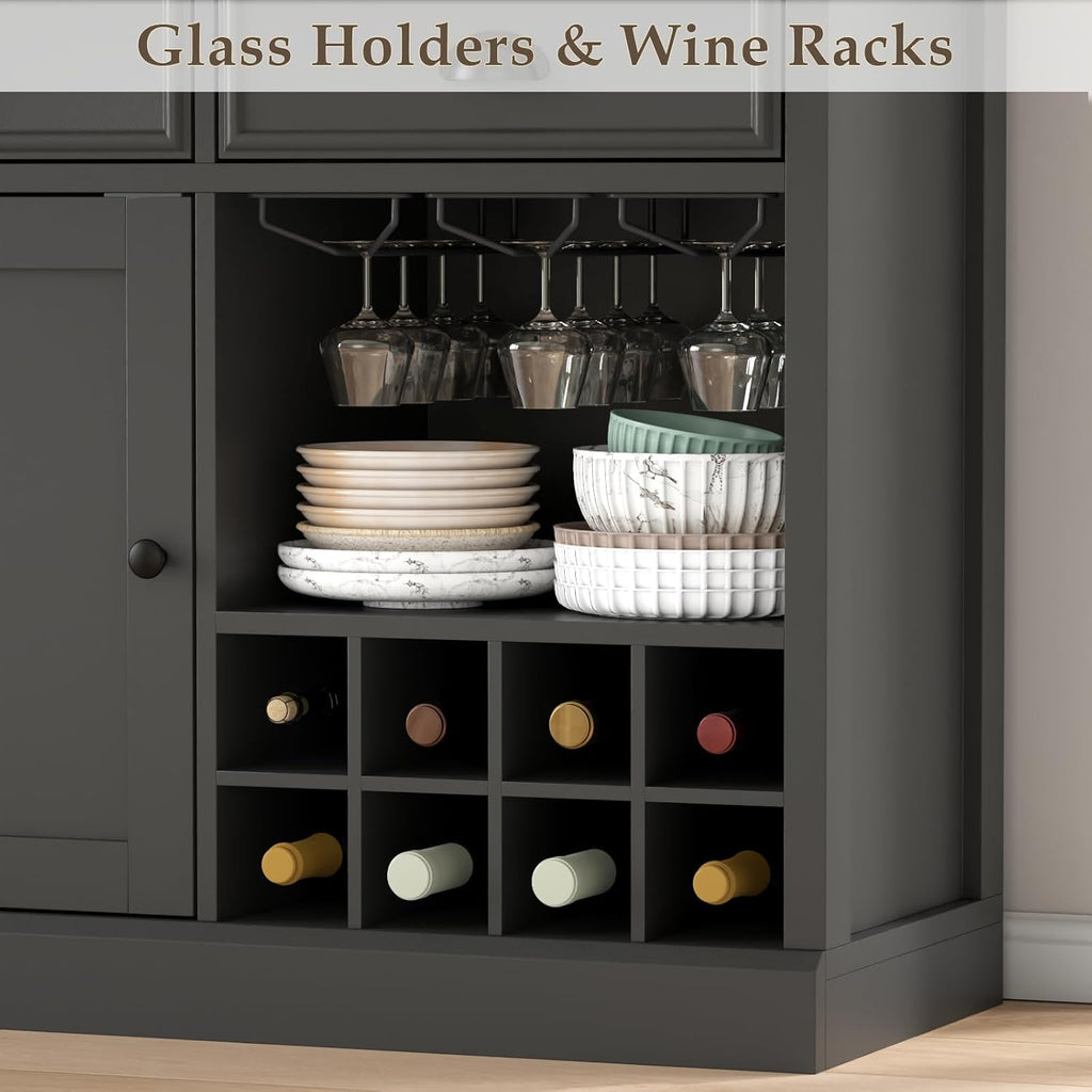 Loomie Wine Bar Cabinet with Pull-Out Trays & Drawers, Liquor Cabinet with Wine Rack & Stemware Holder, Coffee Bar Cabinet with Door & Adjustable Shelf, Kitchen Buffet Cabinet for Home Pub (Black)