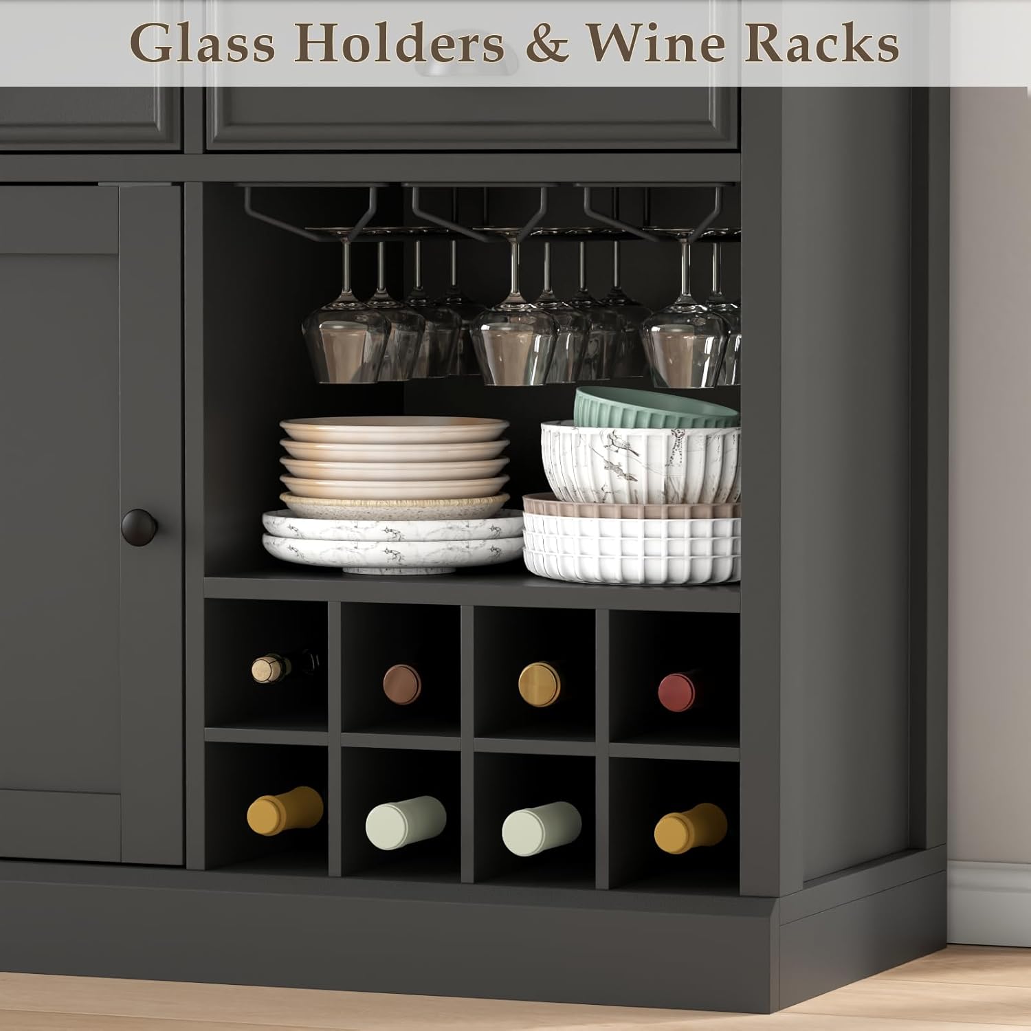 Loomie Wine Bar Cabinet with Pull-Out Trays & Drawers, Liquor Cabinet with Wine Rack & Stemware Holder, Coffee Bar Cabinet with Door & Adjustable Shelf, Kitchen Buffet Cabinet for Home Pub (Black)