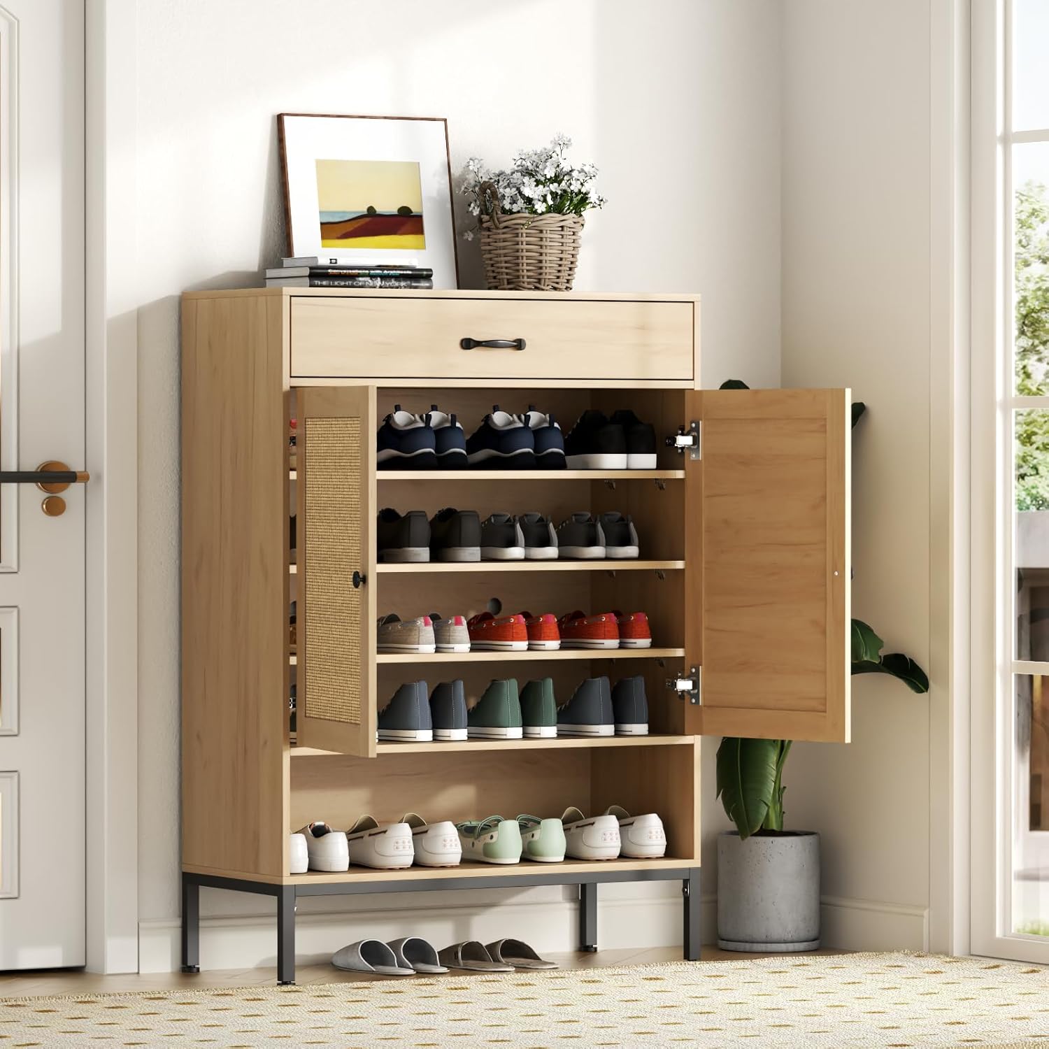 Loomie Rattan 5-Tier Shoe Storage Cabinet with Doors, Drawer & Cubby, 44.3" Boho Shoe Organizer for Entryway Hallway Closet (Natural)