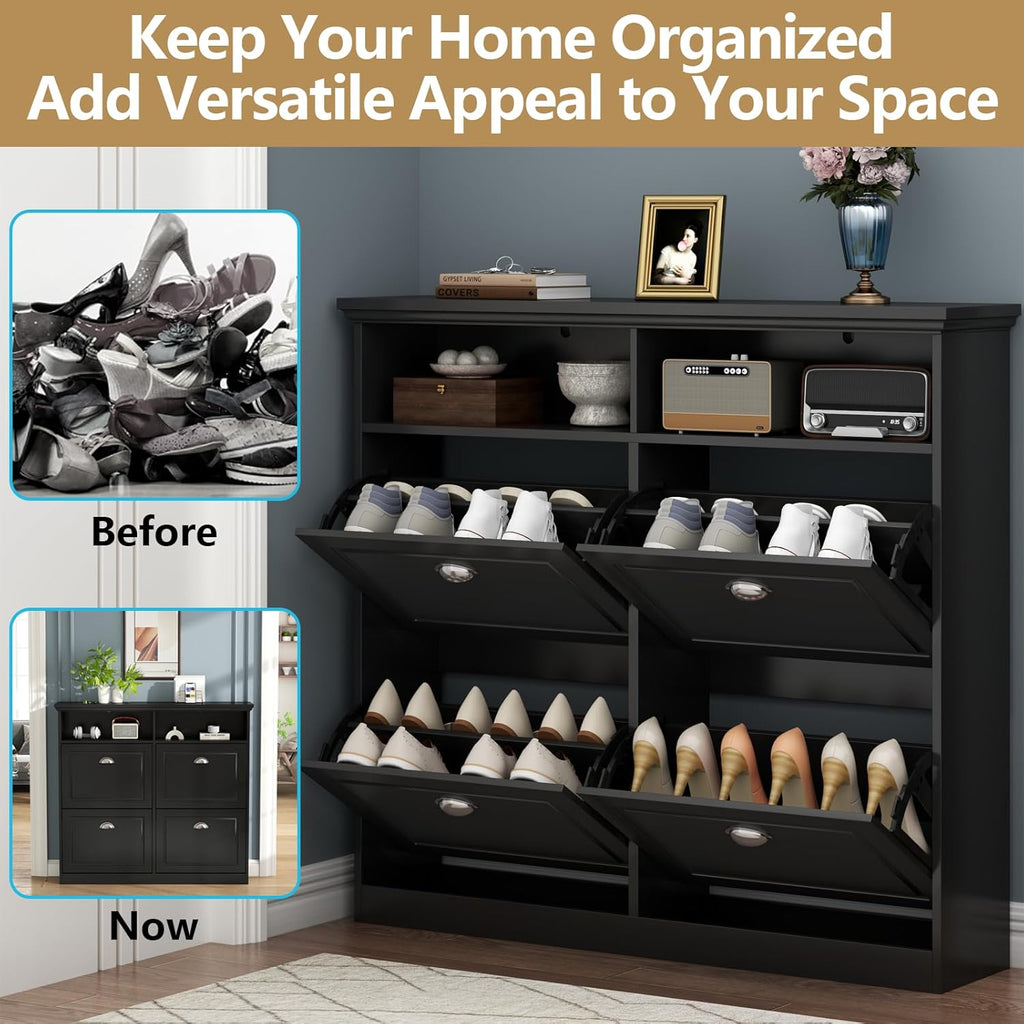 Loomie Shoe Cabinet with 4 Flip Drawers, Freestanding Shoe Storage Cabinet with Open Shelves, Hidden Slim Narrow Shoe Rack Cabinet, Shoe Organizer for Entryway, Foyer, Hallway (Black)