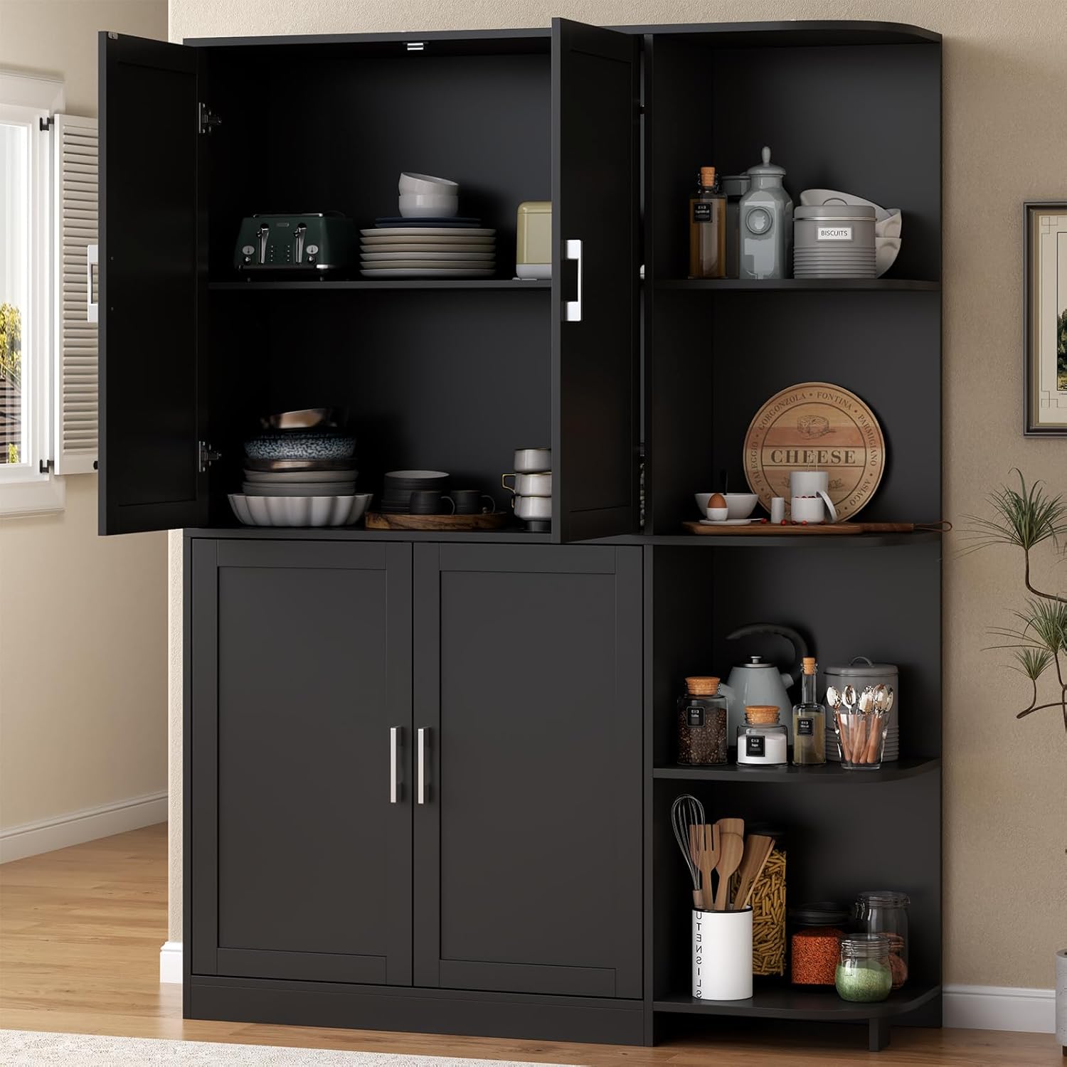 Loomie Kitchen Pantry Storage Cabinet, 64" Tall Freestanding Cupboard with Doors & Adjustable Shelves, Food Pantry Cabinet with 5-Tier External Shelf for Dining Room (Black)