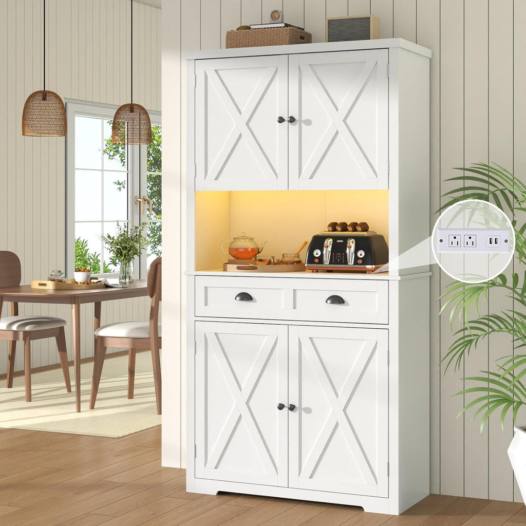 Loomie 72" Farmhouse Kitchen Pantry Cabinet With LED, Operation Table & Power Outlet, Tall Storage With Drawer, Adjustable Shelves for Dining Room (White)