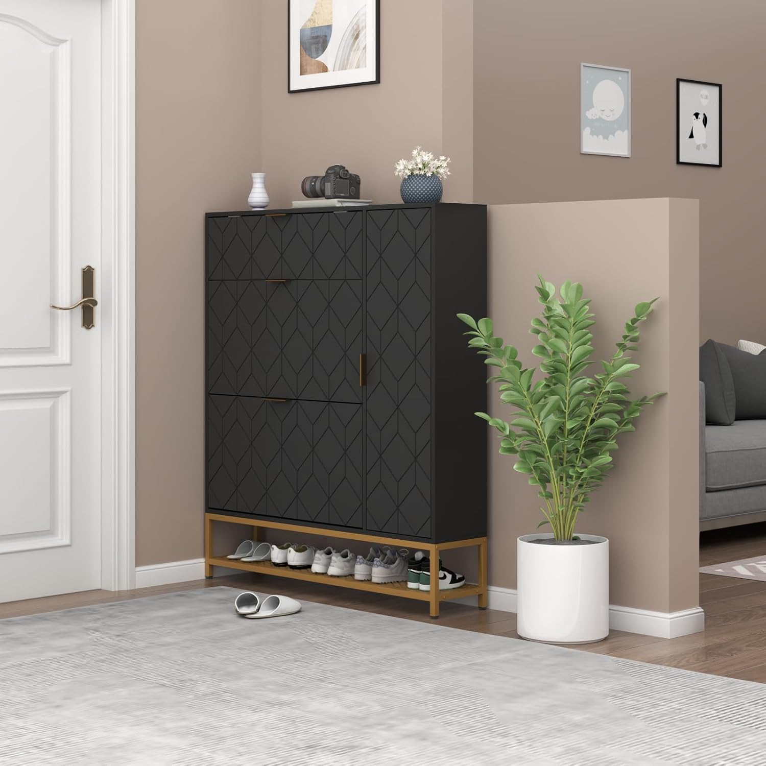 Loomie Shoe Cabinet,Freestanding Tipping Bucket Shoe Rack Organizer with 2 Flip Drawers,Entryway Narrow Shoe Storage with Adjustable Storage Shelf &Top Cubby,Modern Slim Hidden Shoe Cabinet, Black