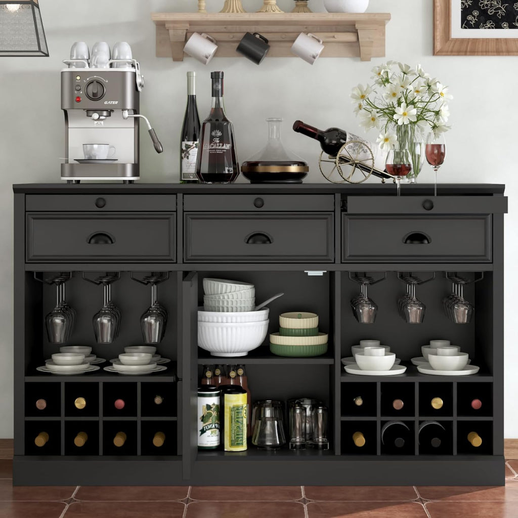 Loomie Wine Bar Cabinet with Pull-Out Trays & Drawers, Liquor Cabinet with Wine Rack & Stemware Holder, Coffee Bar Cabinet with Door & Adjustable Shelf, Kitchen Buffet Cabinet for Home Pub (Black)