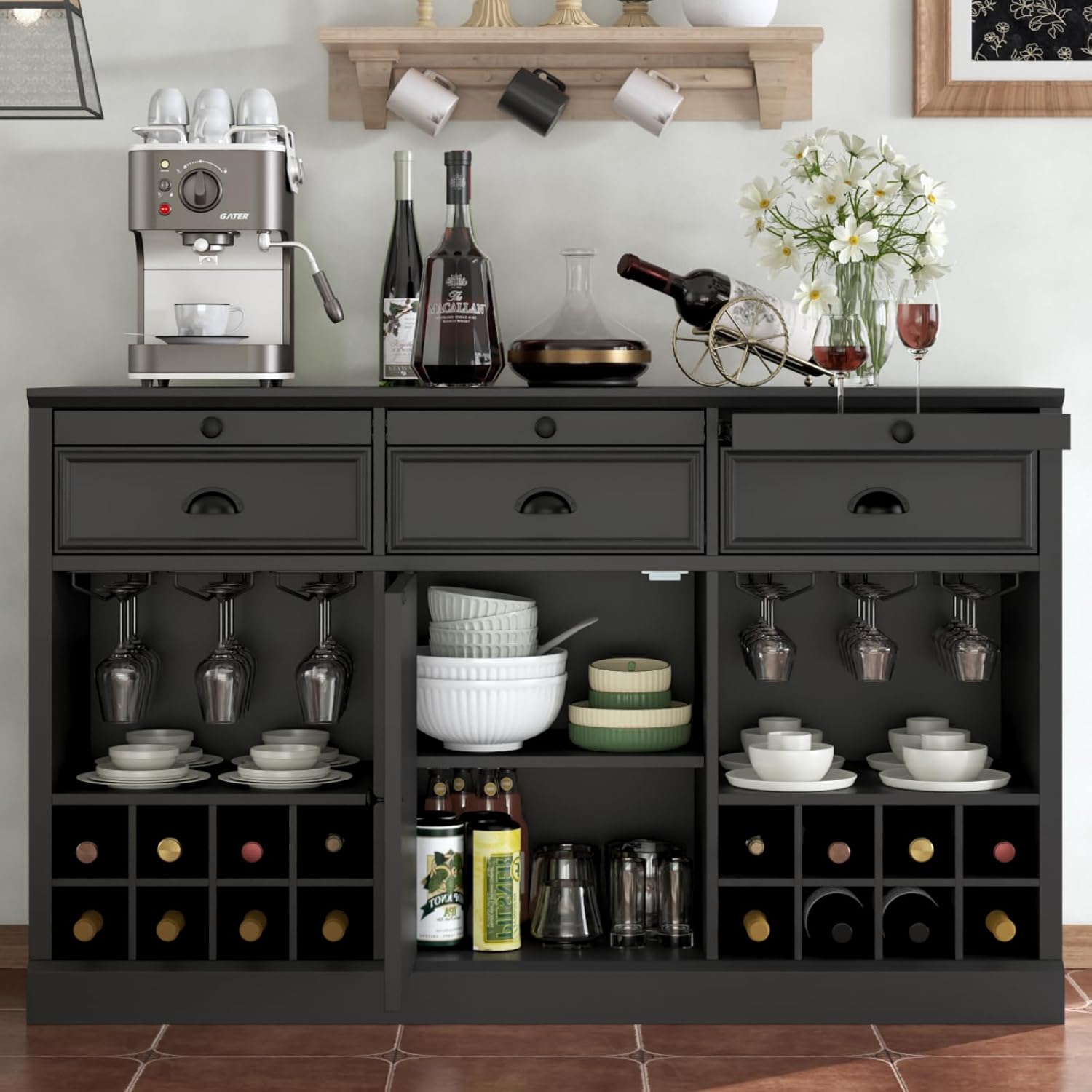 Loomie Wine Bar Cabinet with Pull-Out Trays & Drawers, Liquor Cabinet with Wine Rack & Stemware Holder, Coffee Bar Cabinet with Door & Adjustable Shelf, Kitchen Buffet Cabinet for Home Pub (Black)