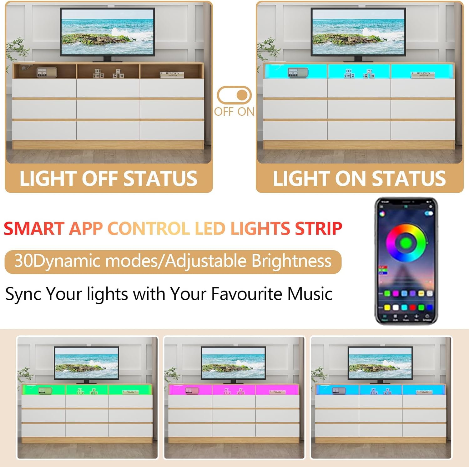 Loomie 9 Drawers Dresser, 63'' White Chests of Drawers with Power Outlet, Accent Large Double Dresser with LED Light, Modern Storage Dresser for Bedroom, Living Room (White&Light Walnut)
