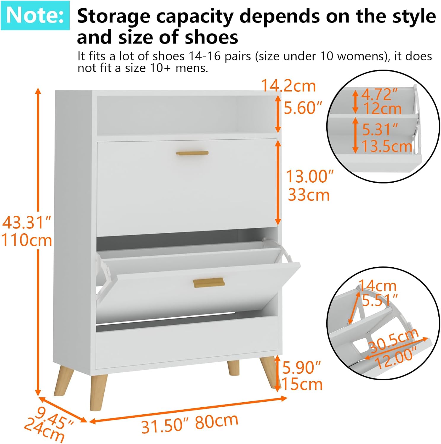 Loomie Shoe Storage Cabinet for Entryway, Free Standing Shoe Organizer with 2 Flip Drawers, Slim Narrow Hidden Shoe Rack Cabinet with Open Shelf, Shoe Cabinet for Hallway, Living Room (Off White)