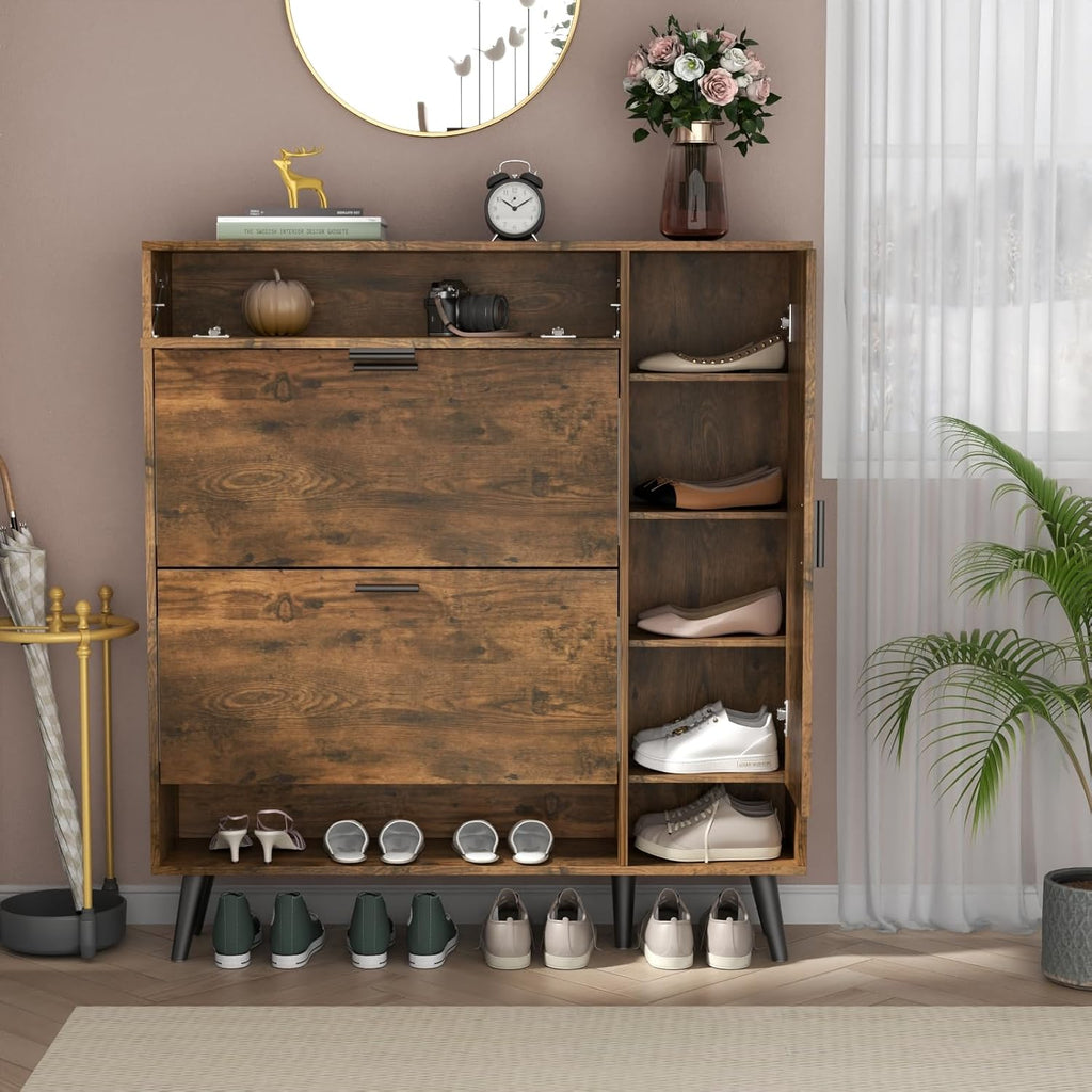 Loomie Shoe Storage With 2 Flip Drawers & Side Cabinet, Narrow Hidden Storage With Doors, Adjustable Shelf, Slim for Entryway (Rustic)