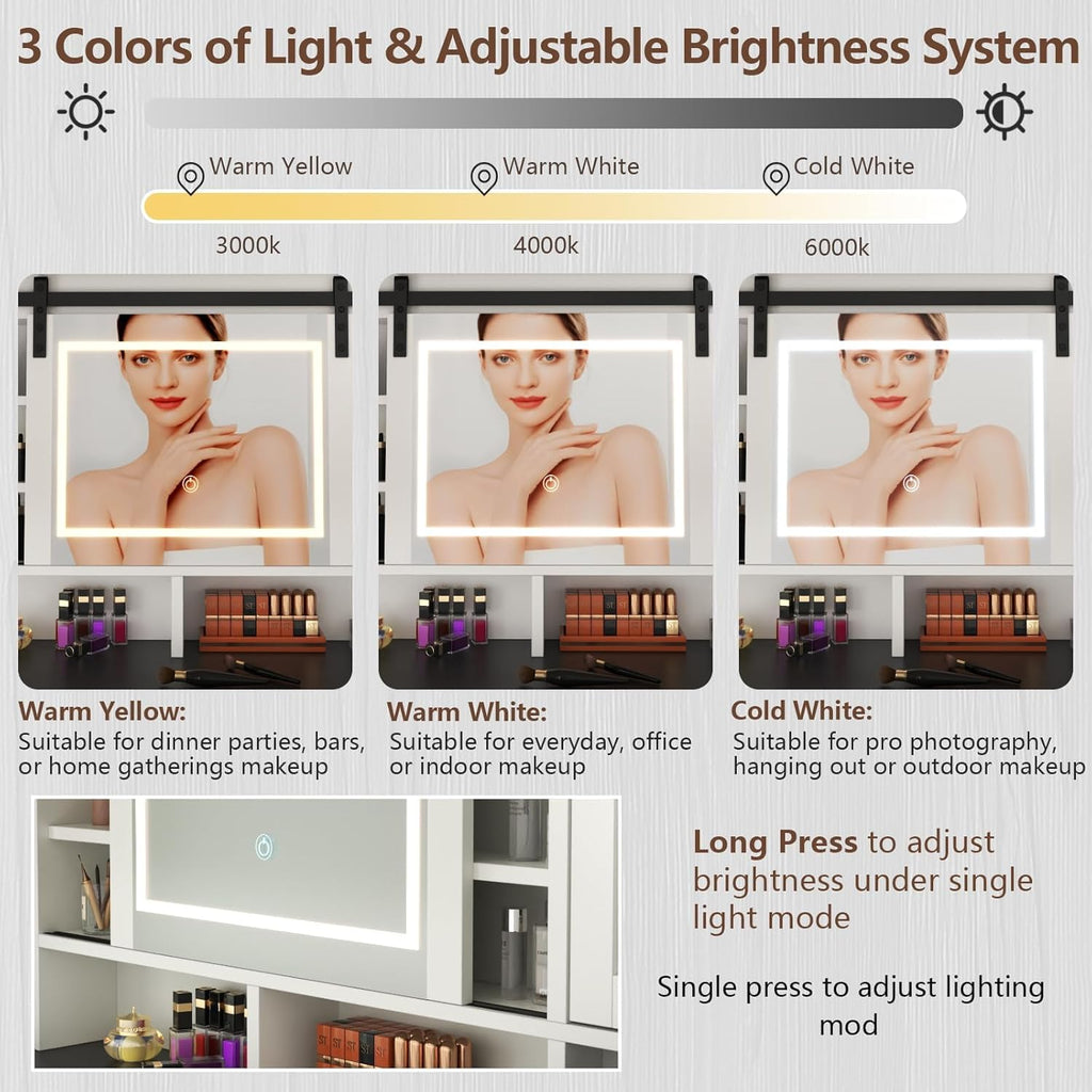 Loomie Farmhouse Vanity Desk with Sliding Mirror & Lights, Makeup Vanity Table with Power Outlet, 2 Drawers, 2 Cabinets & 2 Cubbies, Dressing Table with 3 Color Lighting Modes for Bedroom (White)