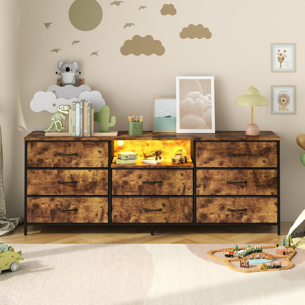 Loomie 63 Inch Dresser for Bedroom, Wide Long Fabric Dresser with LED Lights & 8 Drawers, Large TV Stand for 55, 65, 70 Inch TV, Entertainment Center with Storage (Rustic Brown)