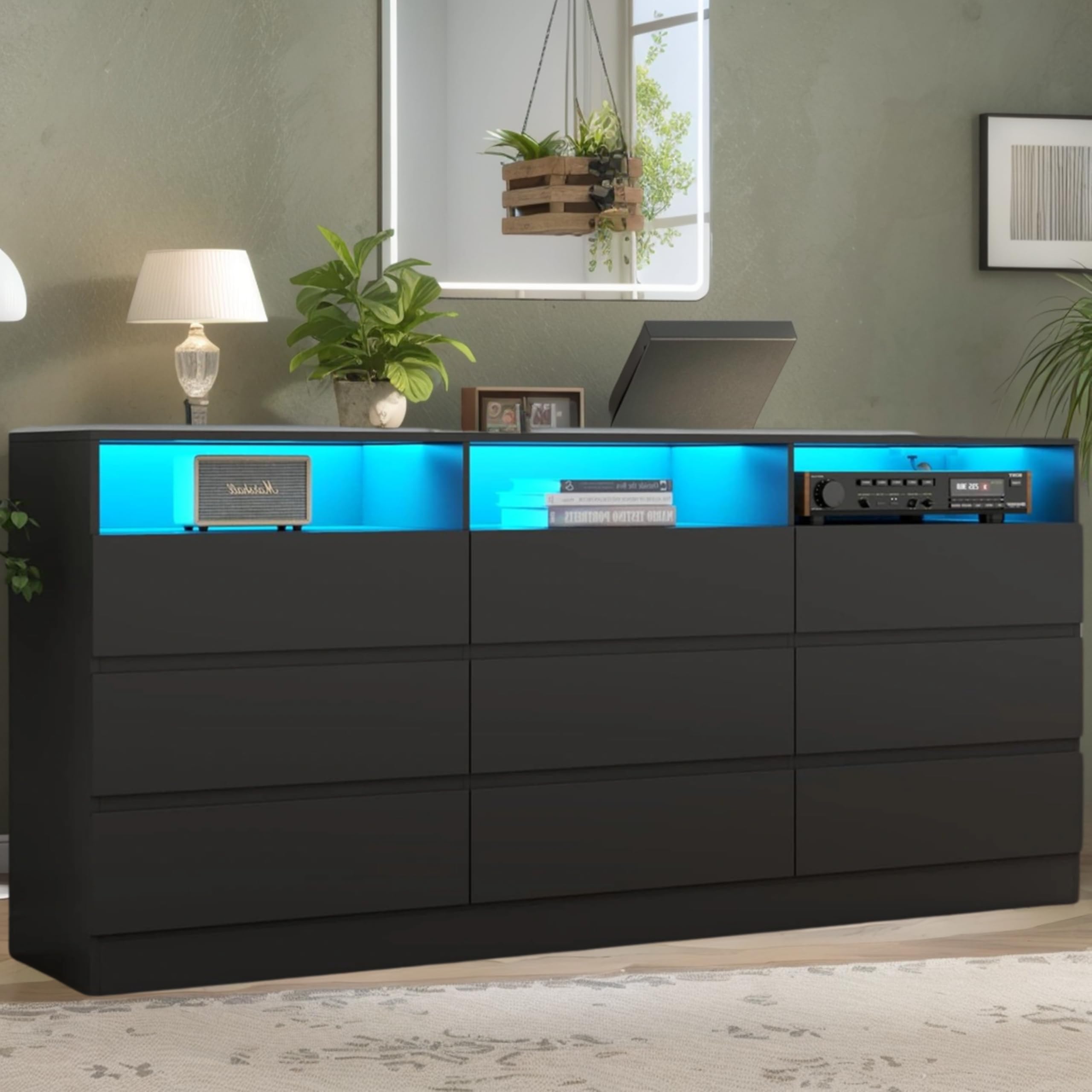 Loomie 12-Cell Divided Drawers White Dresser with Charging Station & Led Lights for Bedroom, Long 63" Wide Dresser TV Stand for TVs up to 75", Large Dressers Organizer with 4 Open Cubbies