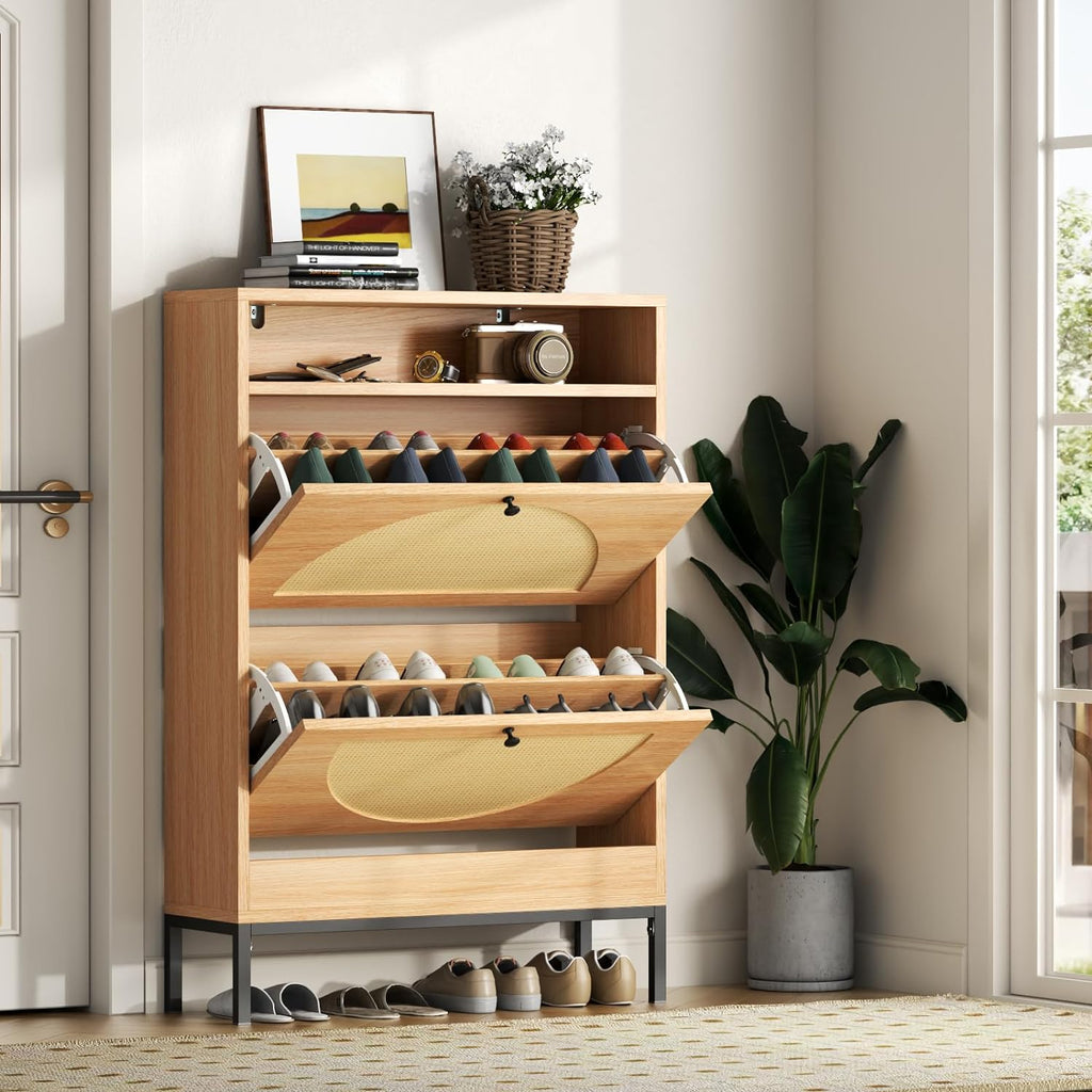 Loomie Rattan Shoe Cabinet, Free Standing Tipping Bucket Shoe Rack Organizer with 2 Flip Drawers,Modern Entryway Narrow Shoe Storage with Top Cubby, Boho Slim Hidden Cabinet with Doors (Natural)