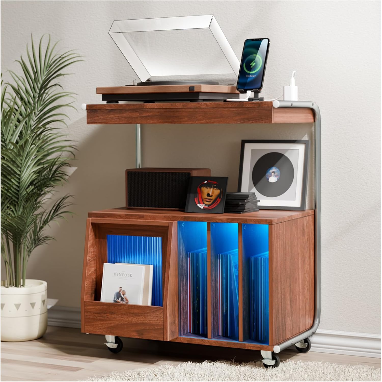 Large Record Player Stand with Sliding Door and Wheels,200 Vinyl Record Storage Cabinet, Record Player Table with Power Outlet & LED Light,Turntable Stand with Wood Legs for Living Room,Bedroom