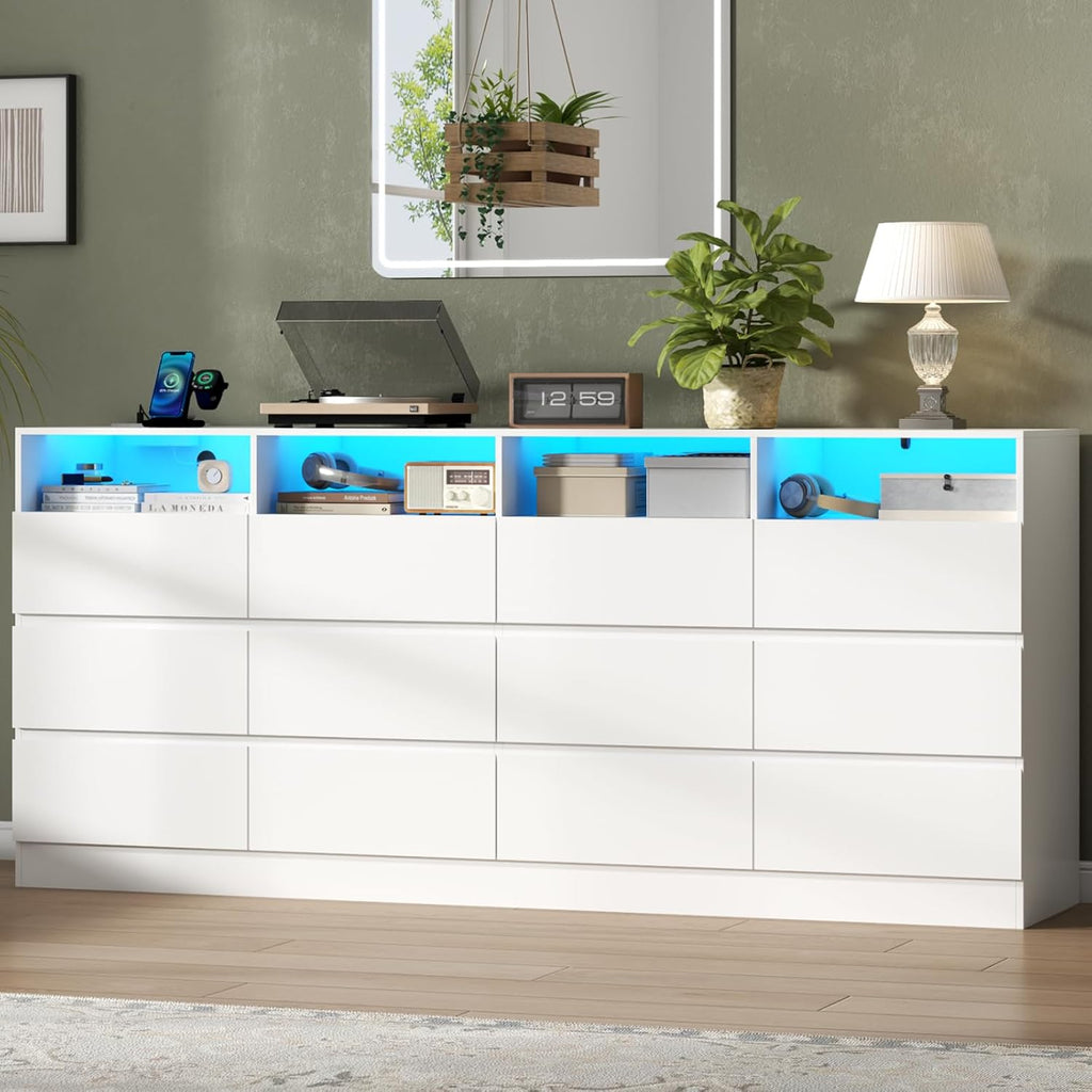 Loomie 12-Cell Divided Drawers White Dresser with Charging Station & Led Lights for Bedroom, Long 63" Wide Dresser TV Stand for TVs up to 75", Large Dressers Organizer with 4 Open Cubbies