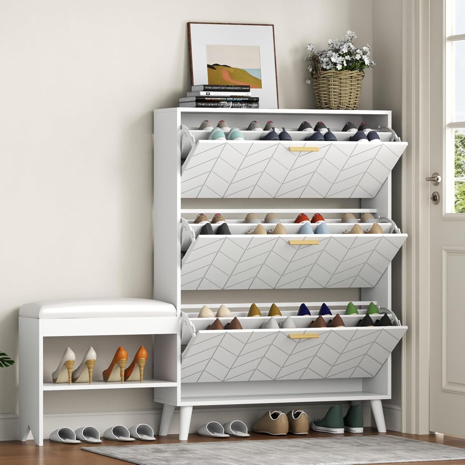 Loomie Shoe Cabinet w/3 Flip Drawers, Shoe Storage Cabinet w/Bench for Entryway, Freestanding Narrow Hidden Shoe Rack Organizer with Open Shelf & Solid Wood Legs for Hallway,Living Room,Closet,White
