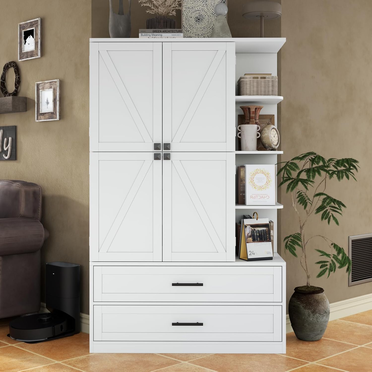 Loomie 66.9" Farmhouse Kitchen Pantry Cabinet, 5 Drawers Storage Cabinet with 4 Side Shelves & 6 Door Shelves, Freestanding Hutch with Doors, Buffet Sideboard, Cupboard for Dining Room, White (White)