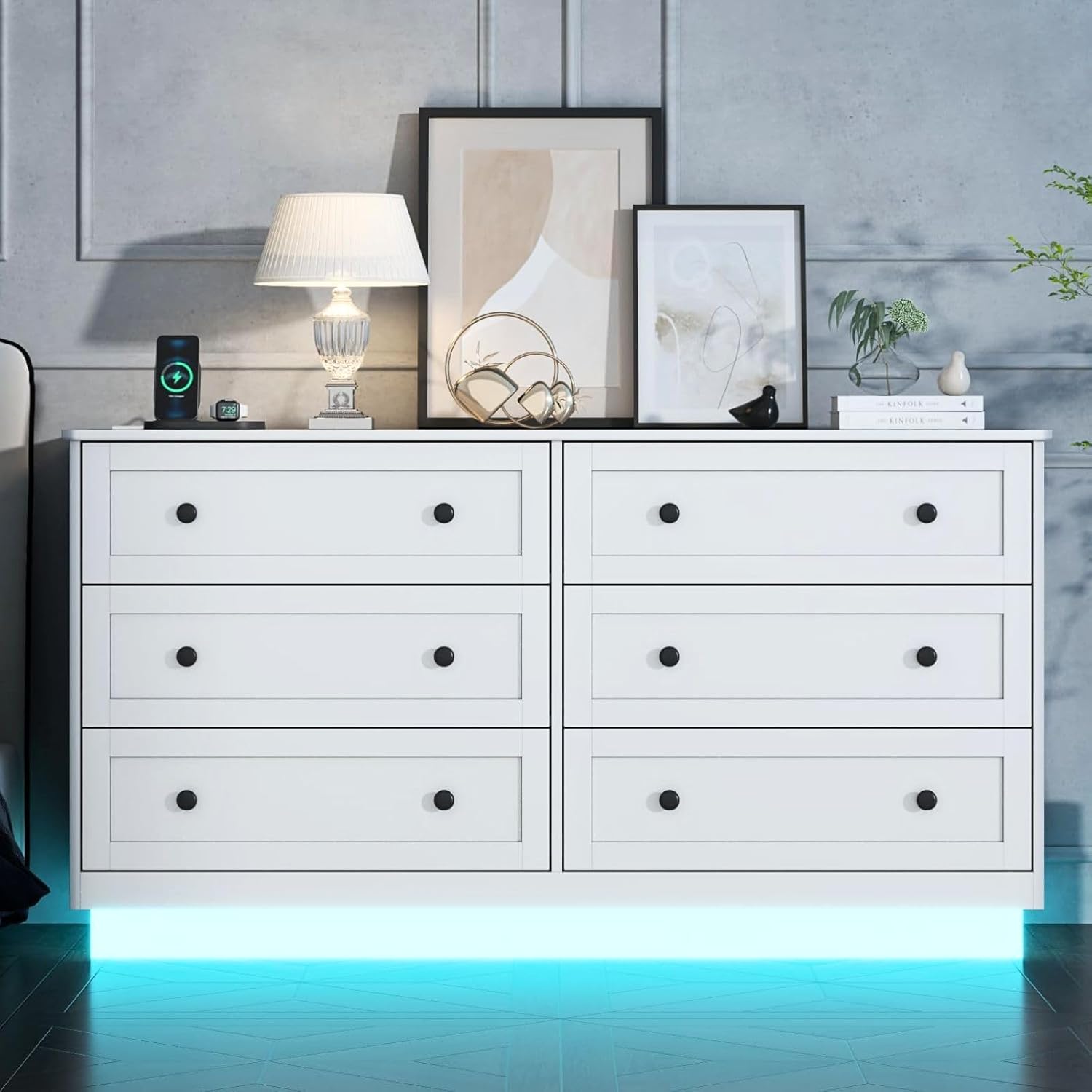 Loomie 6 Drawer Dresser with Power Outlet, Modern Chest of Drawers with Led Light, Double Wide Drawer Organizer Cabinet, Dresser for Bedroom, Living Room, Entryway (White)