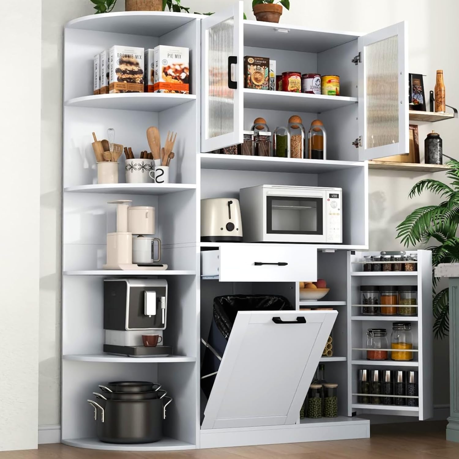 Loomie Kitchen Pantry Cabinet w/Tilt-Out Trash Storage & 5-Tier Side Shelves, Freestanding Huntch w/Microwave Stand, Glass Door & Adjustable Shelves,Cupboard w/Drawer for Dining Room, White